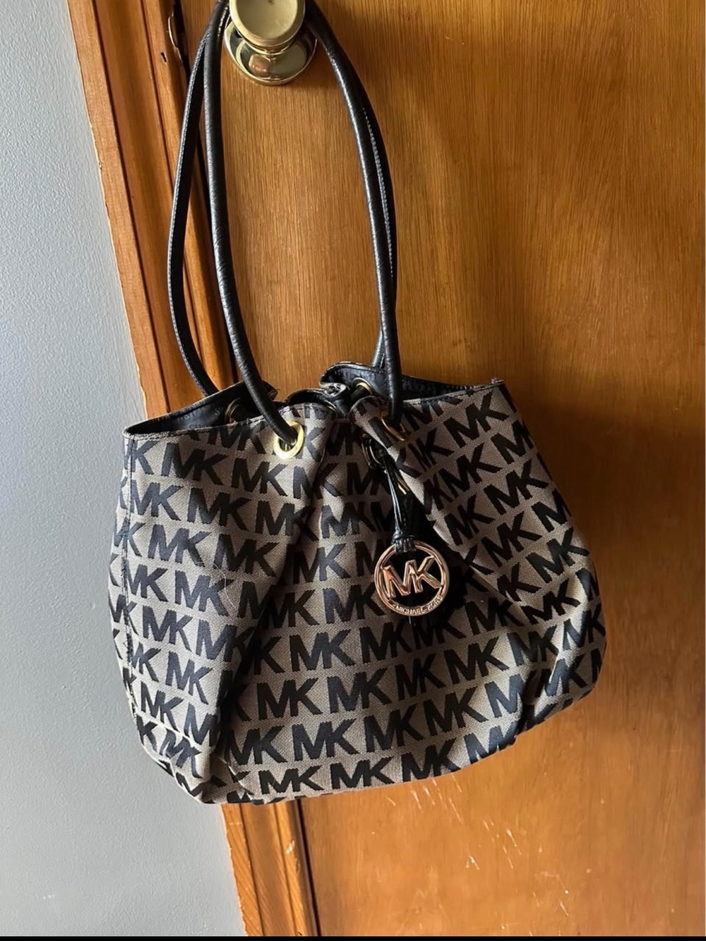 Michael Kors Brown and Black MK Logo Drawstring Shoulder Bag